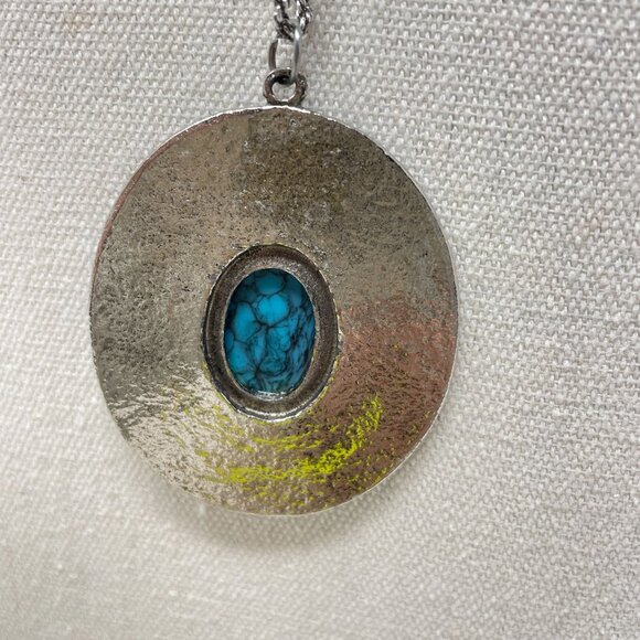 Petit Point Turquoise Blue Pendant Necklace Silver-Tone Long Southwest Western - Picture 9 of 12